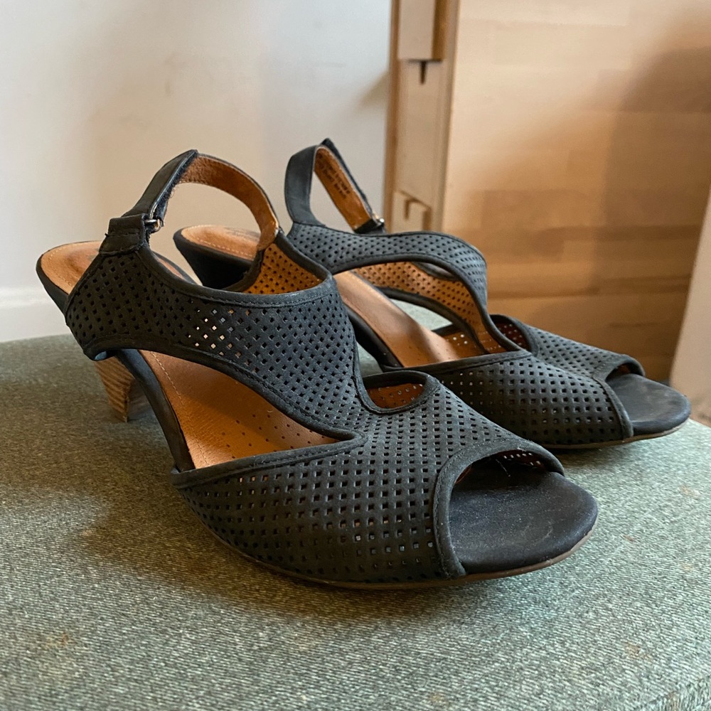 Clarks Artisan Suede Perforated Caged Slingback Heels